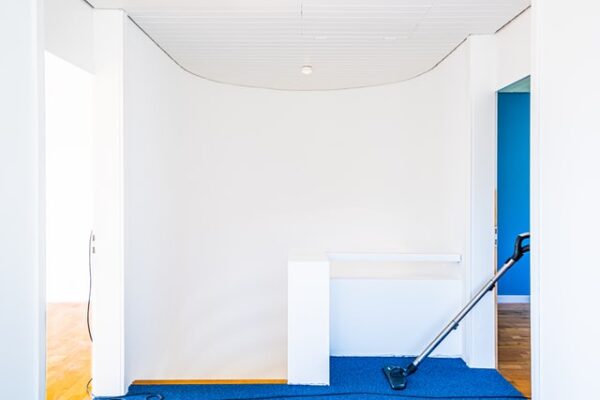 Durch eine Tür ragt ein Staubsaugerrohr in den Raum hinein und saugt einen blauen Teppich ab